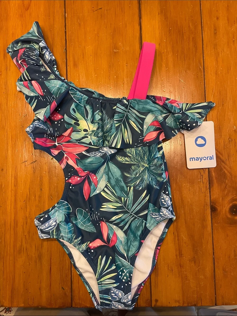 Mayoral Navy Tropical One-Piece Swimsuit with Pink Strap